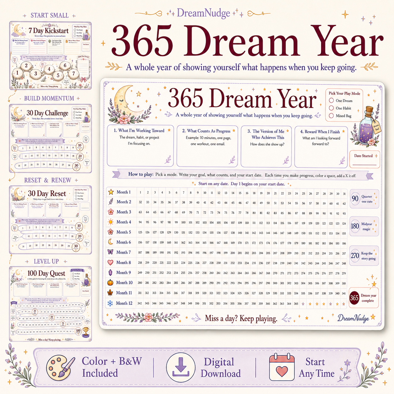 Printable Challenge Tracker Bundle | ADHD Habit Tracker, 7 30 100 365 Day Goal Planner, Visual Progress & Reward Chart PDF