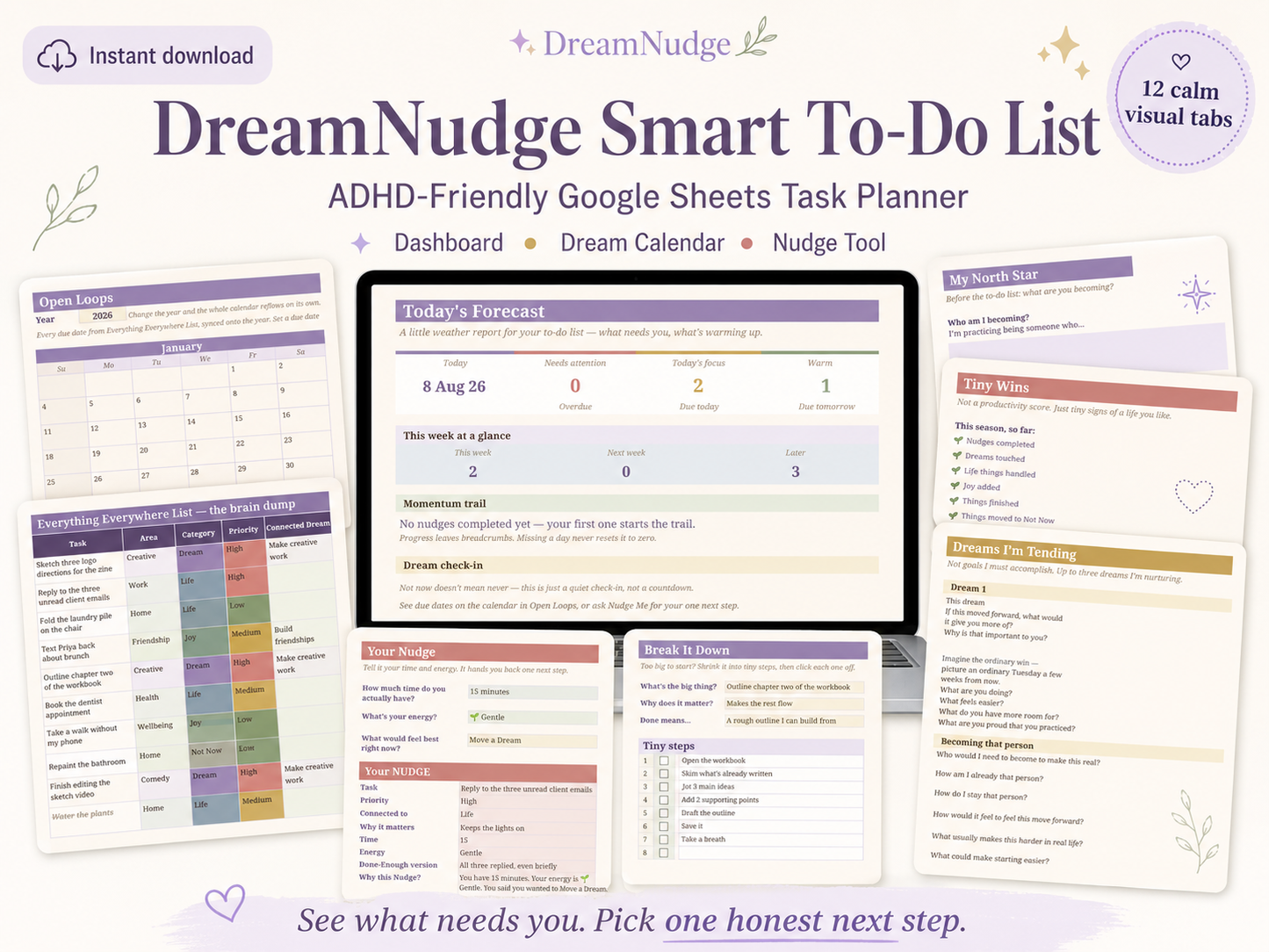 DreamNudge Smart To-Do List, ADHD-Friendly Google Sheets Planner, Digital Task Tracker with Dream Calendar and One-Task Nudge Tool