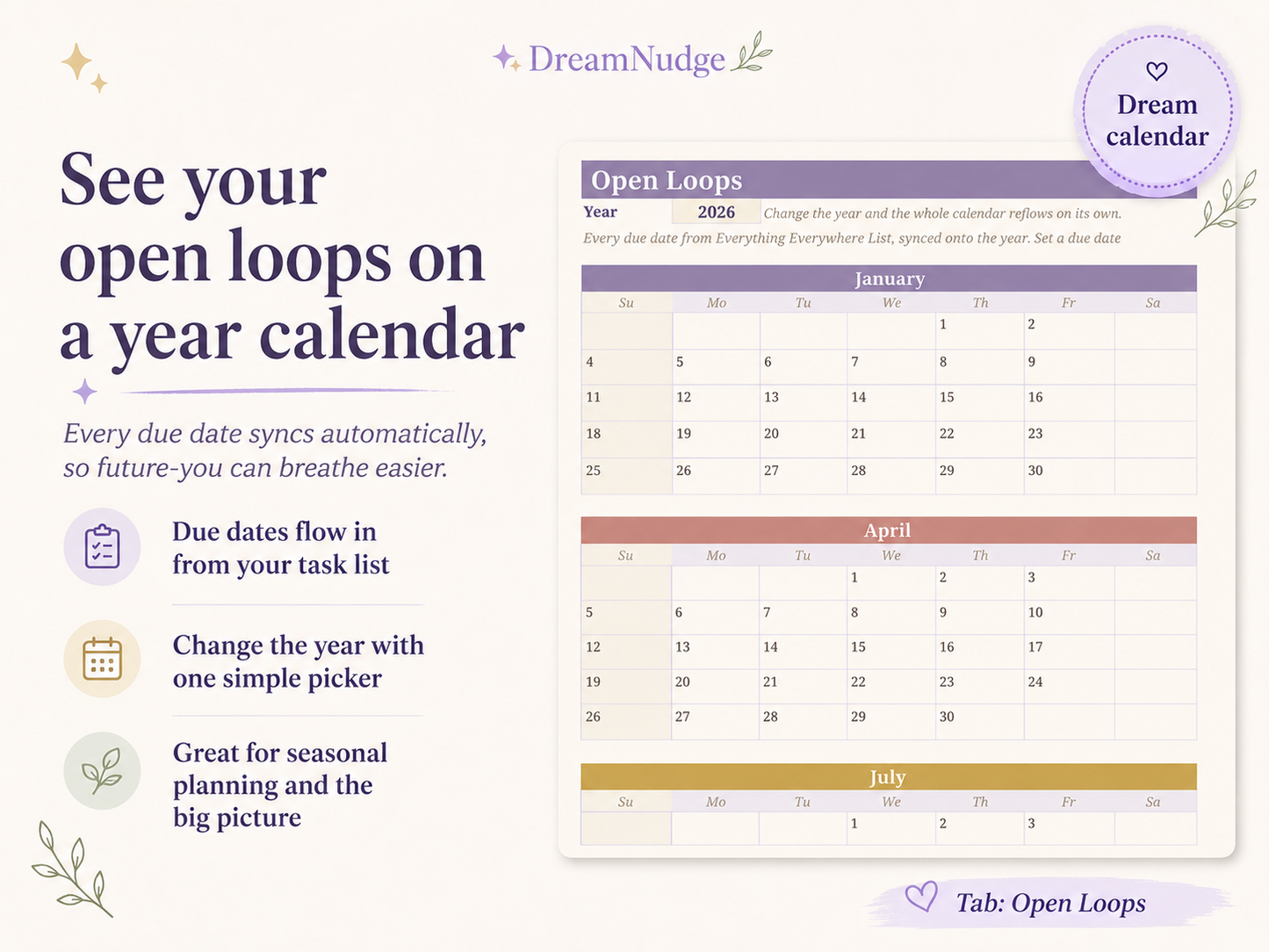 DreamNudge Smart To-Do List, ADHD-Friendly Google Sheets Planner, Digital Task Tracker with Dream Calendar and One-Task Nudge Tool