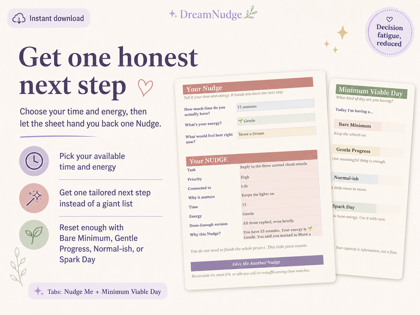 DreamNudge Smart To-Do List, ADHD-Friendly Google Sheets Planner, Digital Task Tracker with Dream Calendar and One-Task Nudge Tool
