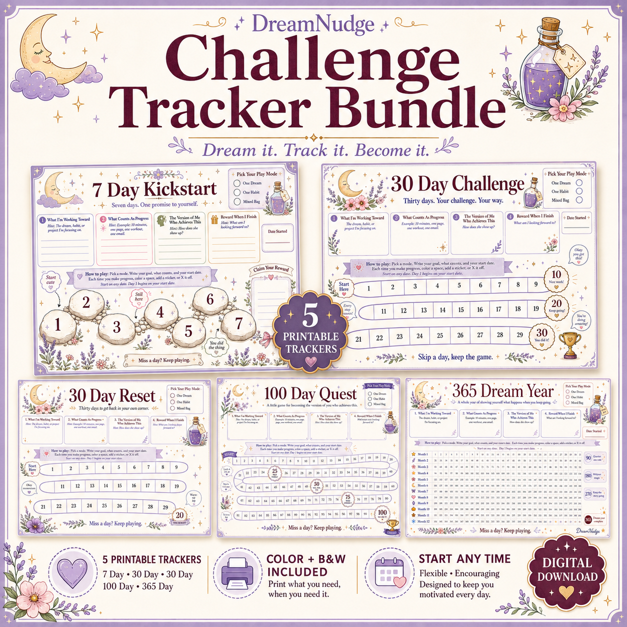 Printable Challenge Tracker Bundle | ADHD Habit Tracker, 7 30 100 365 Day Goal Planner, Visual Progress & Reward Chart PDF