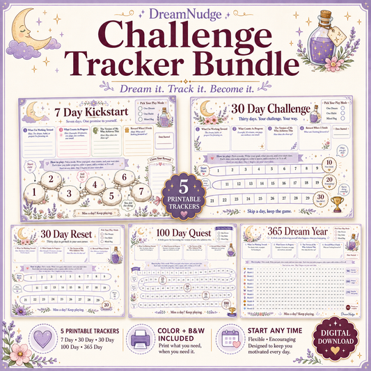 Printable Challenge Tracker Bundle | ADHD Habit Tracker, 7 30 100 365 Day Goal Planner, Visual Progress & Reward Chart PDF