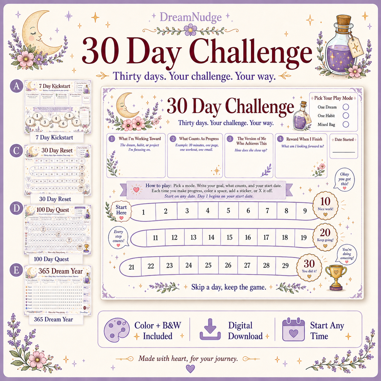 Printable Challenge Tracker Bundle | ADHD Habit Tracker, 7 30 100 365 Day Goal Planner, Visual Progress & Reward Chart PDF