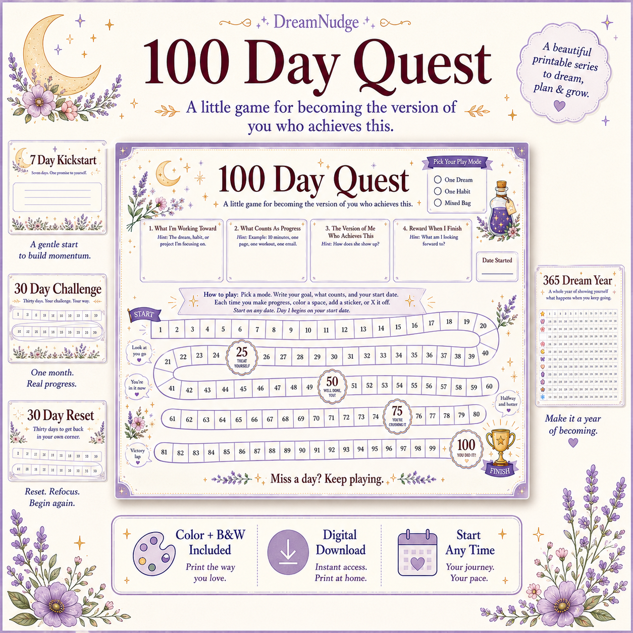 Printable Challenge Tracker Bundle | ADHD Habit Tracker, 7 30 100 365 Day Goal Planner, Visual Progress & Reward Chart PDF