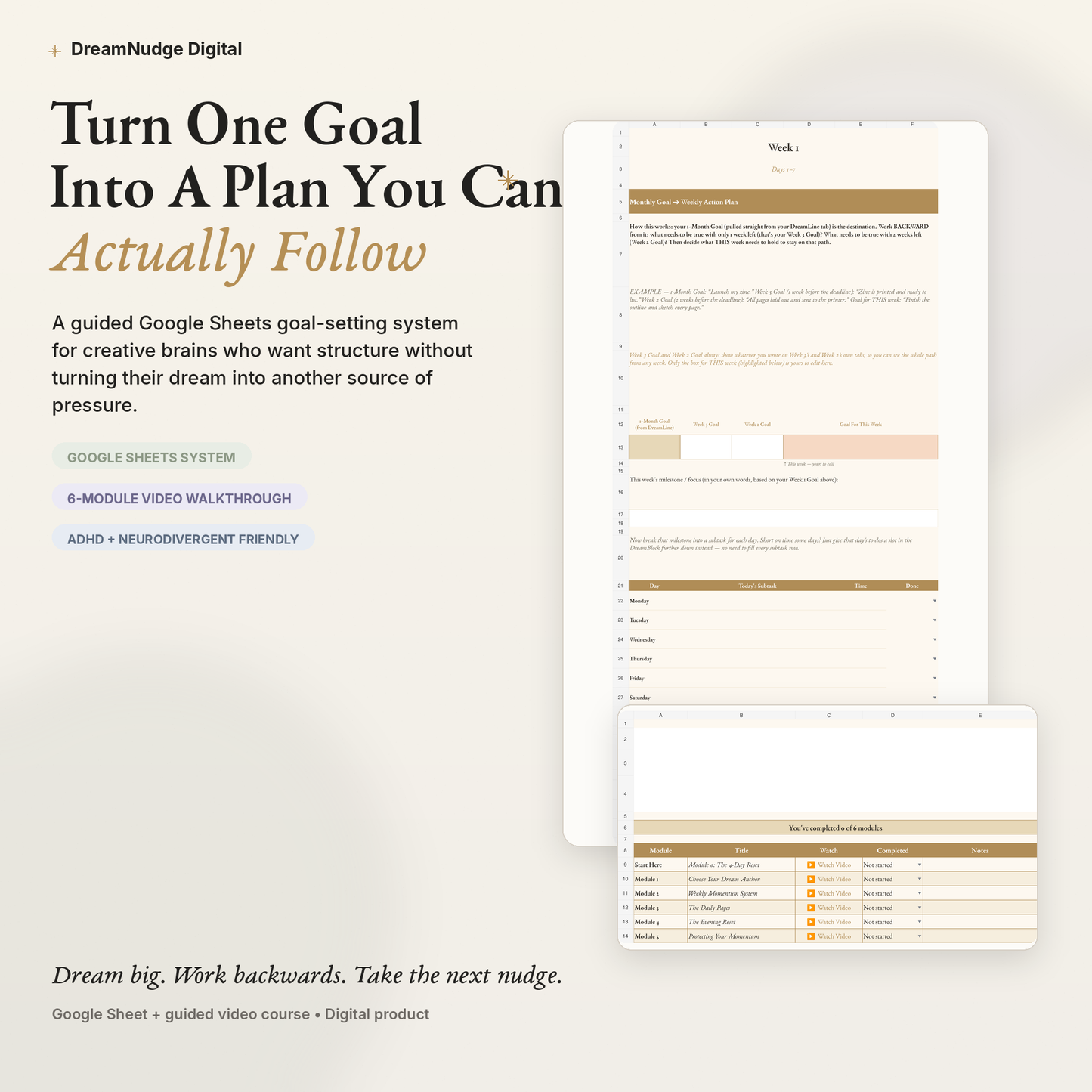 ADHD Goal Setting Google Sheet + Video Walkthrough | Neurodivergent Creative Goal System | DreamNudge Digital | Instant Download