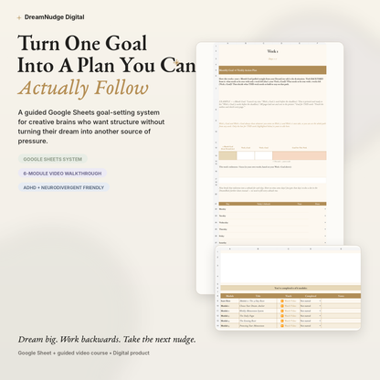 ADHD Goal Setting Google Sheet + Video Walkthrough | Neurodivergent Creative Goal System | DreamNudge Digital | Instant Download